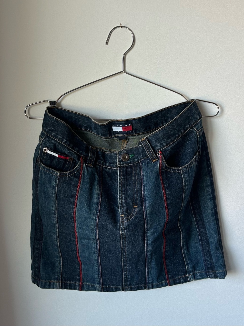 Tommy Hilfiger Dark Wash Denim Mini Skirt with Red Piping
